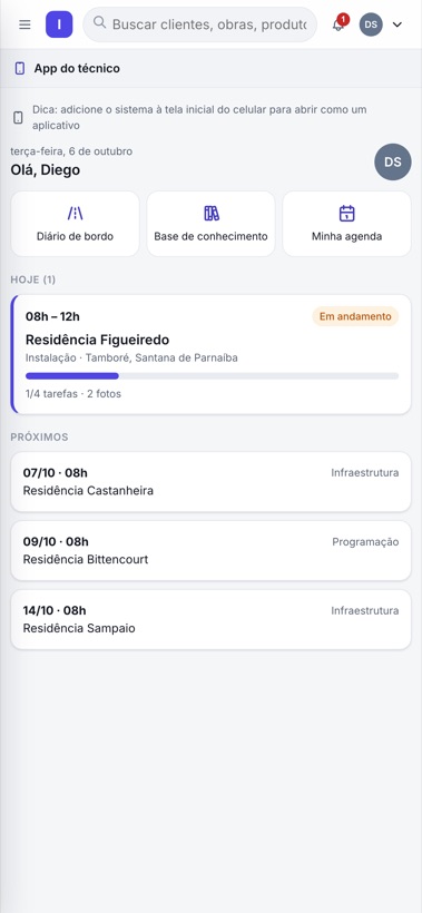 Agenda do dia no app do técnico