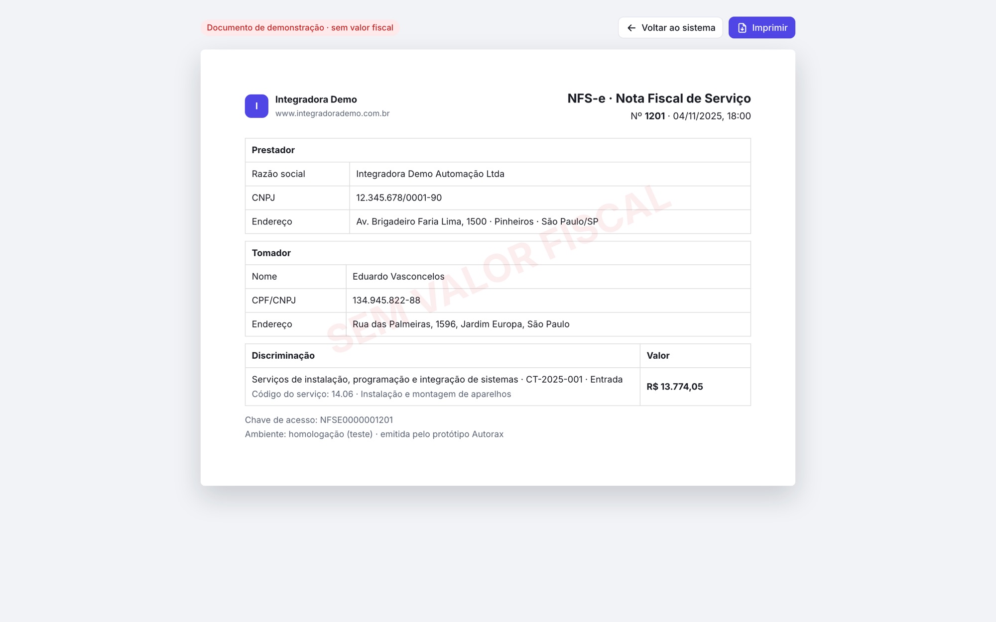 Nota fiscal de serviço gerada na baixa da entrada do contrato